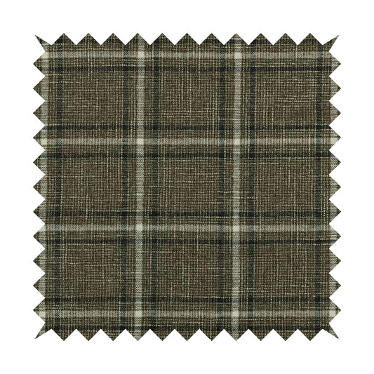 Shaldon Woven Tartan Pattern Upholstery Fabric In Brown Background With White