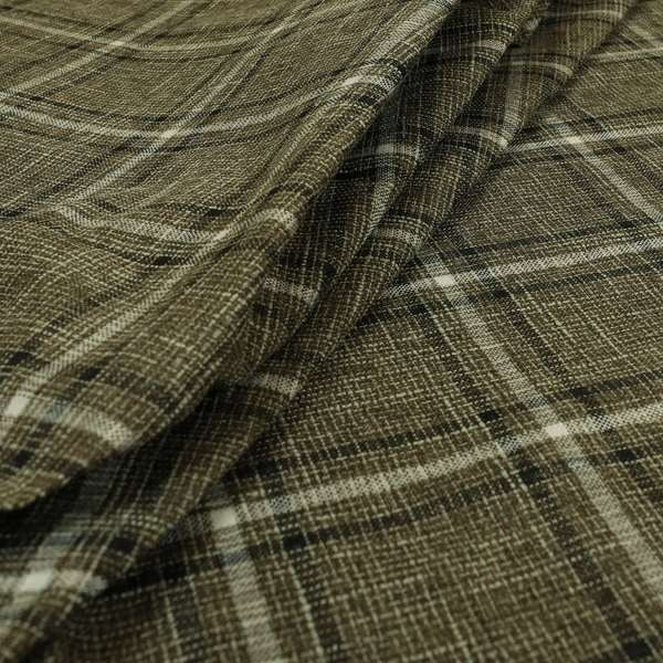 Shaldon Woven Tartan Pattern Upholstery Fabric In Brown Background With White