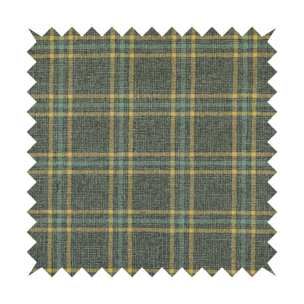Shaldon Woven Tartan Pattern Upholstery Fabric In Grey Blue Background With Yellow - Roman Blinds