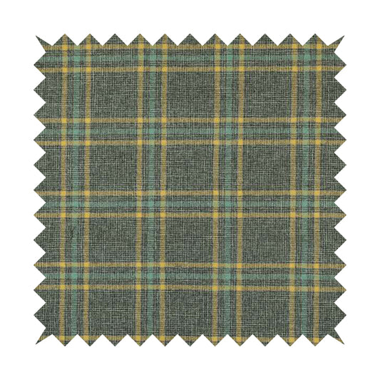 Shaldon Woven Tartan Pattern Upholstery Fabric In Grey Blue Background With Yellow