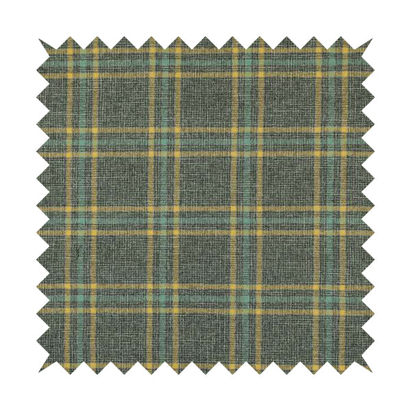 Shaldon Woven Tartan Pattern Upholstery Fabric In Grey Blue Background With Yellow - Made To Measure Curtains