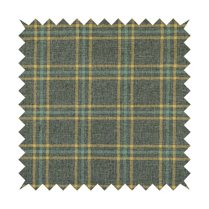 Shaldon Woven Tartan Pattern Upholstery Fabric In Grey Blue Background With Yellow - Made To Measure Curtains