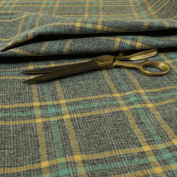 Shaldon Woven Tartan Pattern Upholstery Fabric In Grey Blue Background With Yellow - Roman Blinds