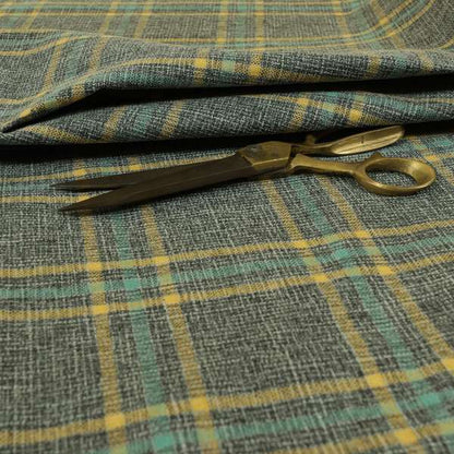 Shaldon Woven Tartan Pattern Upholstery Fabric In Grey Blue Background With Yellow - Made To Measure Curtains