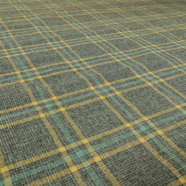 Shaldon Woven Tartan Pattern Upholstery Fabric In Grey Blue Background With Yellow - Roman Blinds