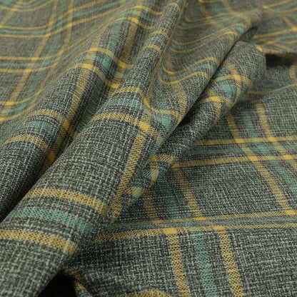 Shaldon Woven Tartan Pattern Upholstery Fabric In Grey Blue Background With Yellow - Roman Blinds