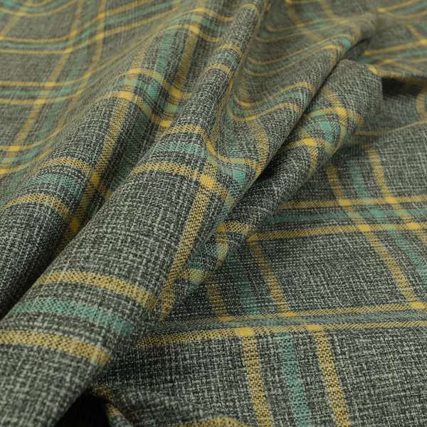 Shaldon Woven Tartan Pattern Upholstery Fabric In Grey Blue Background With Yellow - Handmade Cushions