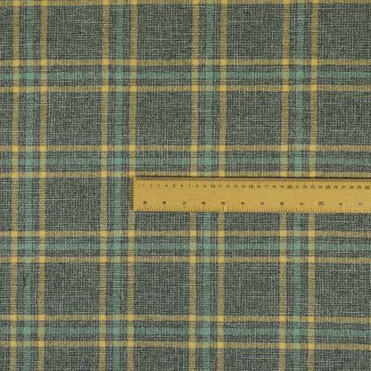 Shaldon Woven Tartan Pattern Upholstery Fabric In Grey Blue Background With Yellow - Roman Blinds