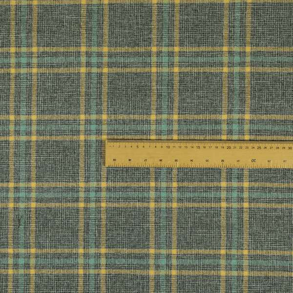 Shaldon Woven Tartan Pattern Upholstery Fabric In Grey Blue Background With Yellow - Handmade Cushions