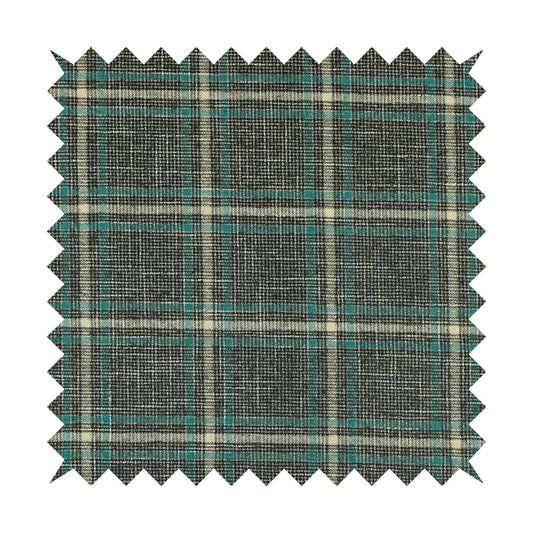 Shaldon Woven Tartan Pattern Upholstery Fabric In Grey Background With Blue