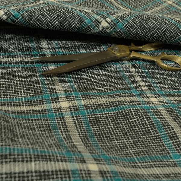 Shaldon Woven Tartan Pattern Upholstery Fabric In Grey Background With Blue - Roman Blinds