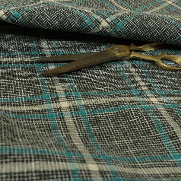 Shaldon Woven Tartan Pattern Upholstery Fabric In Grey Background With Blue - Made To Measure Curtains