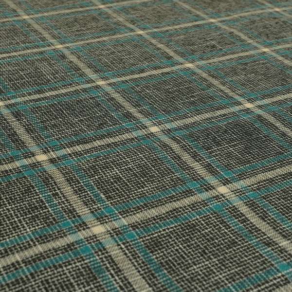 Shaldon Woven Tartan Pattern Upholstery Fabric In Grey Background With Blue - Made To Measure Curtains