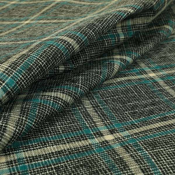 Shaldon Woven Tartan Pattern Upholstery Fabric In Grey Background With Blue - Made To Measure Curtains