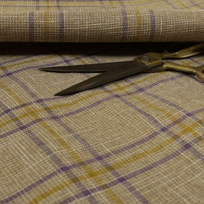 Shaldon Woven Tartan Pattern Upholstery Fabric In Golden Yellow Background With Purple - Roman Blinds
