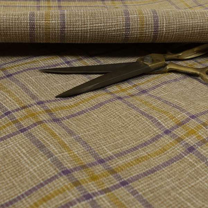 Shaldon Woven Tartan Pattern Upholstery Fabric In Golden Yellow Background With Purple - Handmade Cushions