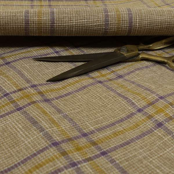 Shaldon Woven Tartan Pattern Upholstery Fabric In Golden Yellow Background With Purple - Made To Measure Curtains