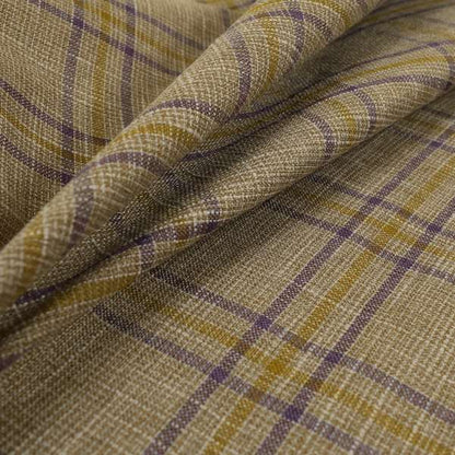 Shaldon Woven Tartan Pattern Upholstery Fabric In Golden Yellow Background With Purple