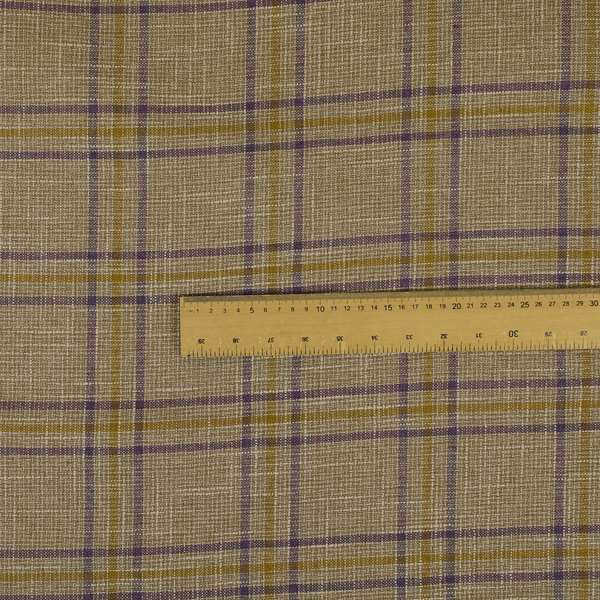Shaldon Woven Tartan Pattern Upholstery Fabric In Golden Yellow Background With Purple - Roman Blinds