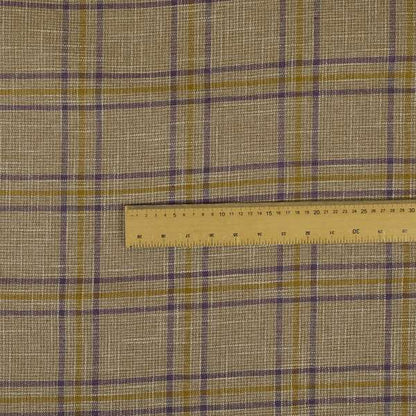 Shaldon Woven Tartan Pattern Upholstery Fabric In Golden Yellow Background With Purple
