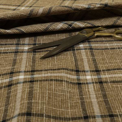 Shaldon Woven Tartan Pattern Upholstery Fabric In Golden Brown Background With Black - Handmade Cushions