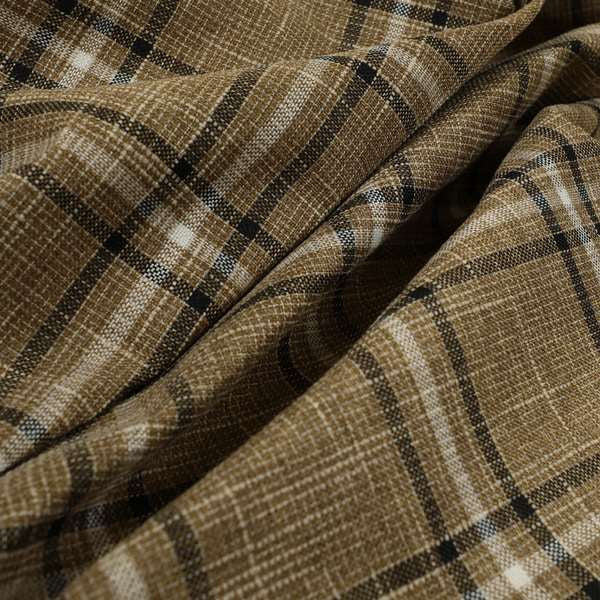 Shaldon Woven Tartan Pattern Upholstery Fabric In Golden Brown Background With Black - Handmade Cushions