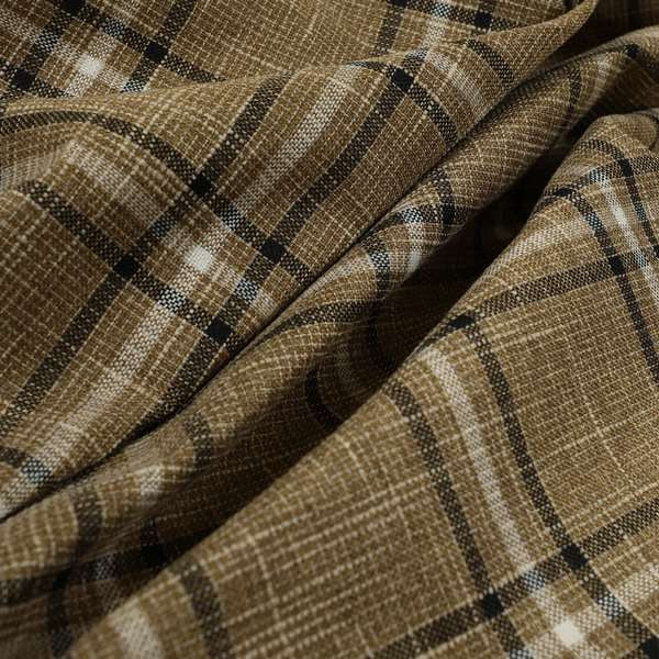 Shaldon Woven Tartan Pattern Upholstery Fabric In Golden Brown Background With Black