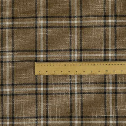 Shaldon Woven Tartan Pattern Upholstery Fabric In Golden Brown Background With Black