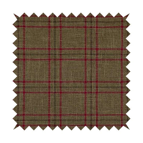 Shaldon Woven Tartan Pattern Upholstery Fabric In Golden Brown Background With Red - Roman Blinds