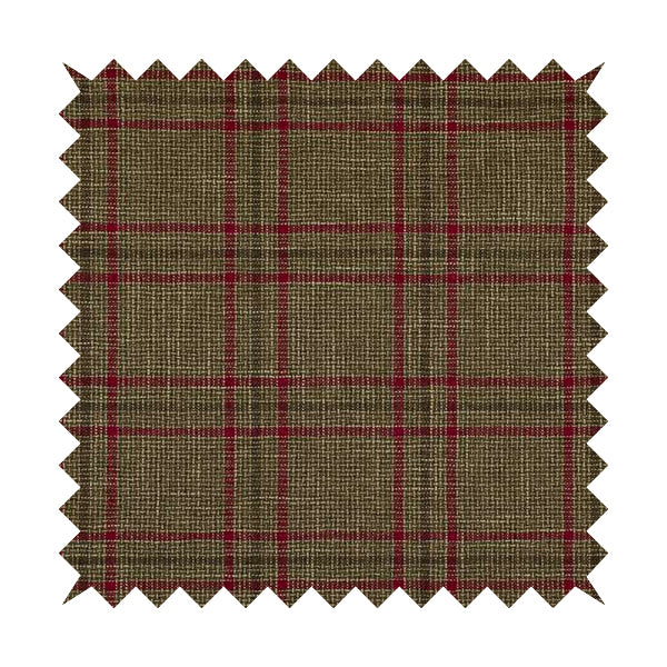 Shaldon Woven Tartan Pattern Upholstery Fabric In Golden Brown Background With Red - Made To Measure Curtains