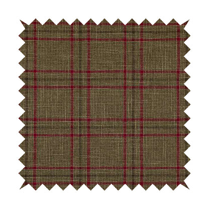 Shaldon Woven Tartan Pattern Upholstery Fabric In Golden Brown Background With Red - Made To Measure Curtains