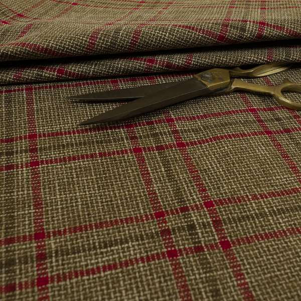 Shaldon Woven Tartan Pattern Upholstery Fabric In Golden Brown Background With Red