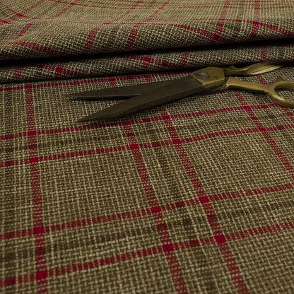 Shaldon Woven Tartan Pattern Upholstery Fabric In Golden Brown Background With Red