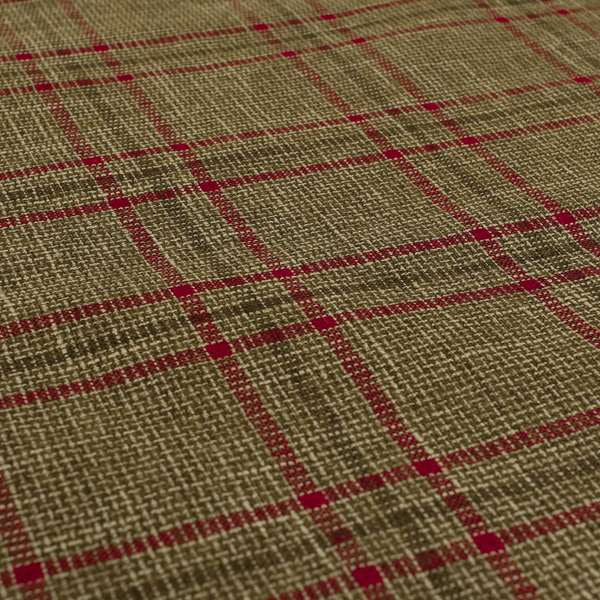 Shaldon Woven Tartan Pattern Upholstery Fabric In Golden Brown Background With Red - Handmade Cushions