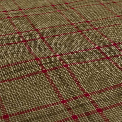 Shaldon Woven Tartan Pattern Upholstery Fabric In Golden Brown Background With Red