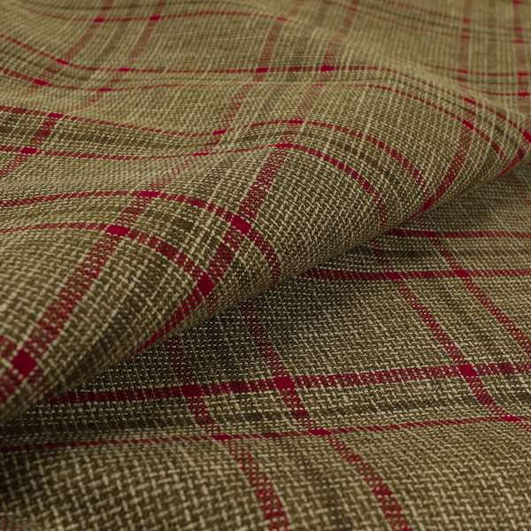 Shaldon Woven Tartan Pattern Upholstery Fabric In Golden Brown Background With Red - Roman Blinds