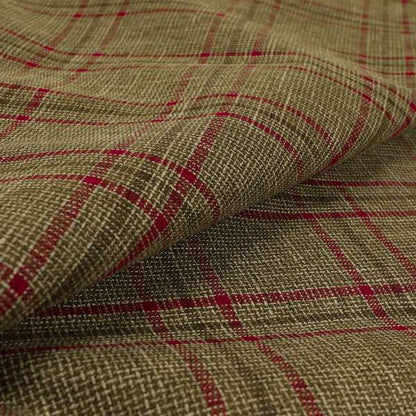 Shaldon Woven Tartan Pattern Upholstery Fabric In Golden Brown Background With Red - Made To Measure Curtains