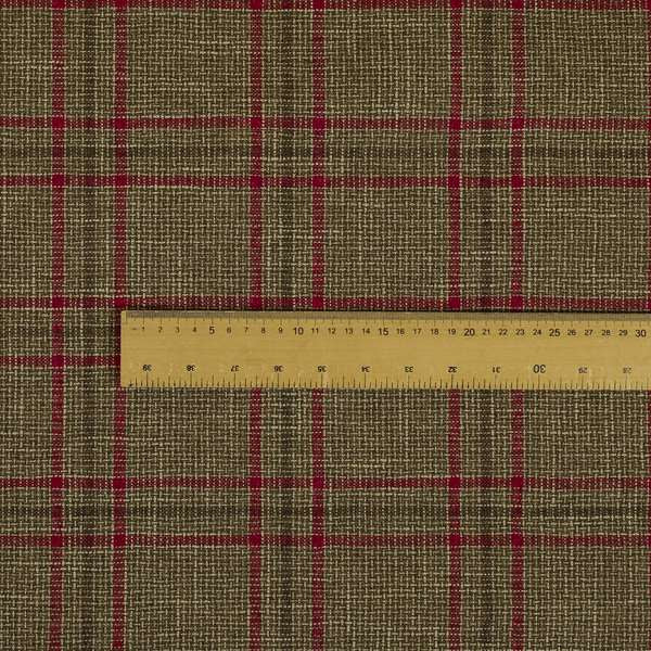 Shaldon Woven Tartan Pattern Upholstery Fabric In Golden Brown Background With Red - Roman Blinds