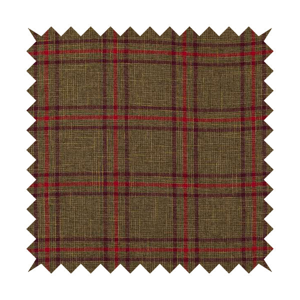 Shaldon Woven Tartan Pattern Upholstery Fabric In Golden Brown Background With Purple