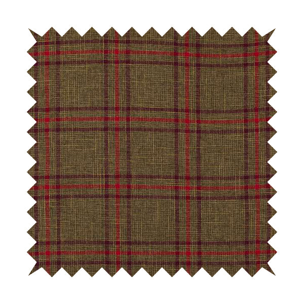 Shaldon Woven Tartan Pattern Upholstery Fabric In Golden Brown Background With Purple - Handmade Cushions