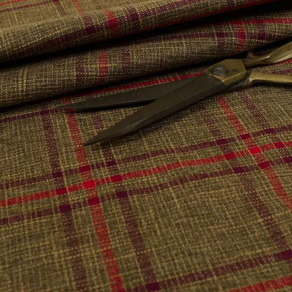 Shaldon Woven Tartan Pattern Upholstery Fabric In Golden Brown Background With Purple - Made To Measure Curtains