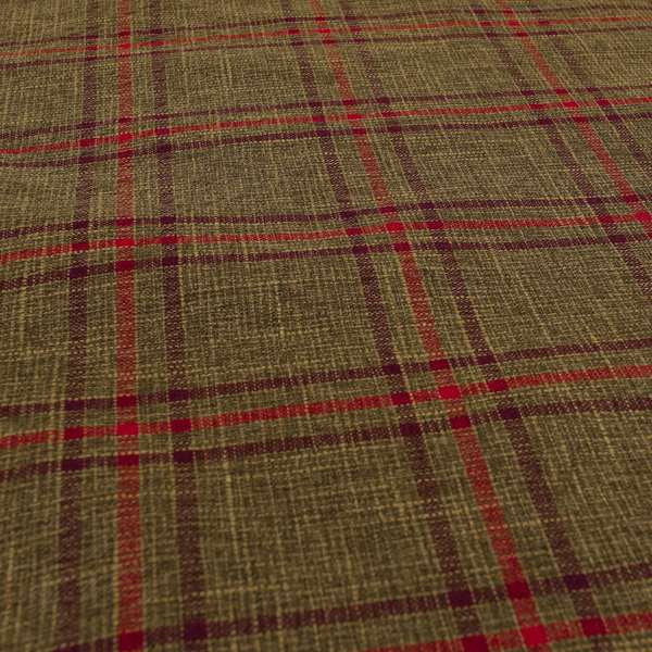 Shaldon Woven Tartan Pattern Upholstery Fabric In Golden Brown Background With Purple - Roman Blinds