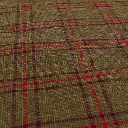 Shaldon Woven Tartan Pattern Upholstery Fabric In Golden Brown Background With Purple - Roman Blinds