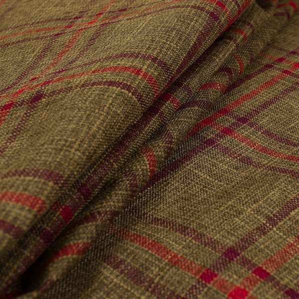 Shaldon Woven Tartan Pattern Upholstery Fabric In Golden Brown Background With Purple - Roman Blinds