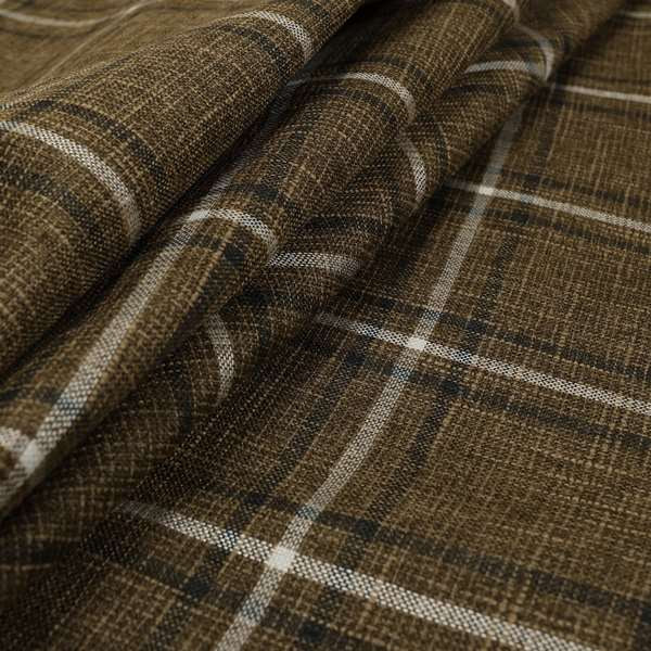 Shaldon Woven Tartan Pattern Upholstery Fabric In Brown Background With Black - Made To Measure Curtains