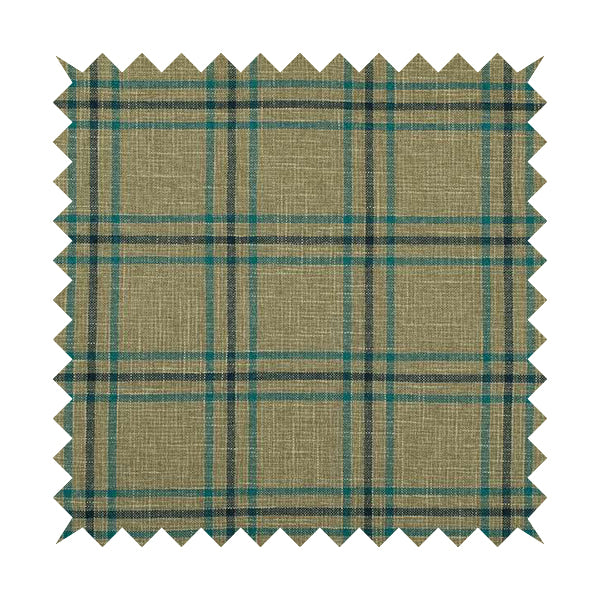 Shaldon Woven Tartan Pattern Upholstery Fabric In Wheat Beige Background With Blue - Roman Blinds