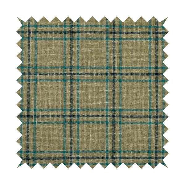 Shaldon Woven Tartan Pattern Upholstery Fabric In Wheat Beige Background With Blue - Made To Measure Curtains