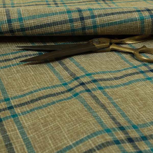 Shaldon Woven Tartan Pattern Upholstery Fabric In Wheat Beige Background With Blue - Roman Blinds