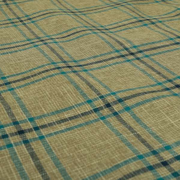 Shaldon Woven Tartan Pattern Upholstery Fabric In Wheat Beige Background With Blue - Made To Measure Curtains