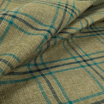 Shaldon Woven Tartan Pattern Upholstery Fabric In Wheat Beige Background With Blue - Roman Blinds